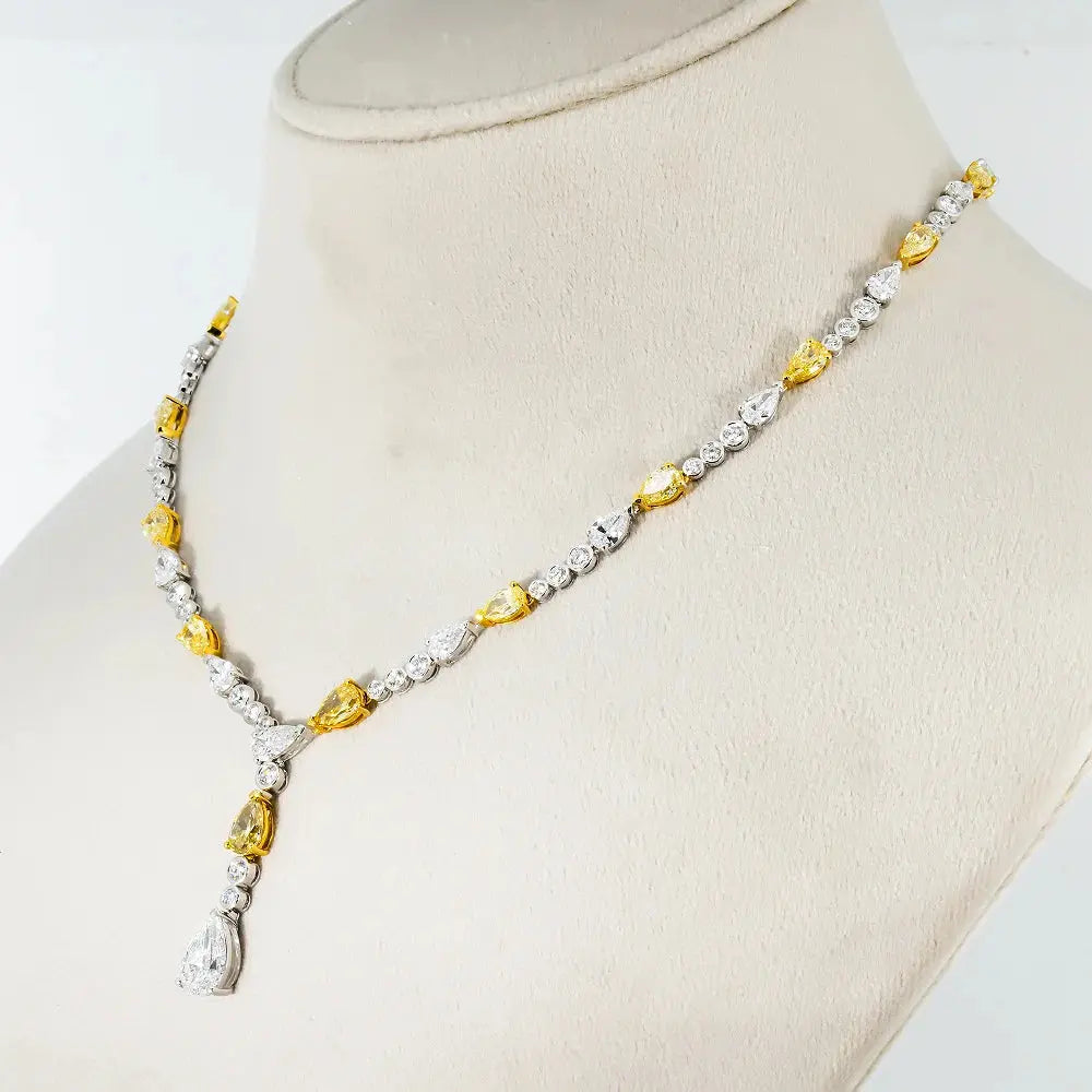 14K White Gold Lab Grown Yellow Diamond Cushion Cut Drop Necklace, IGI Certified La Maison Val D'or