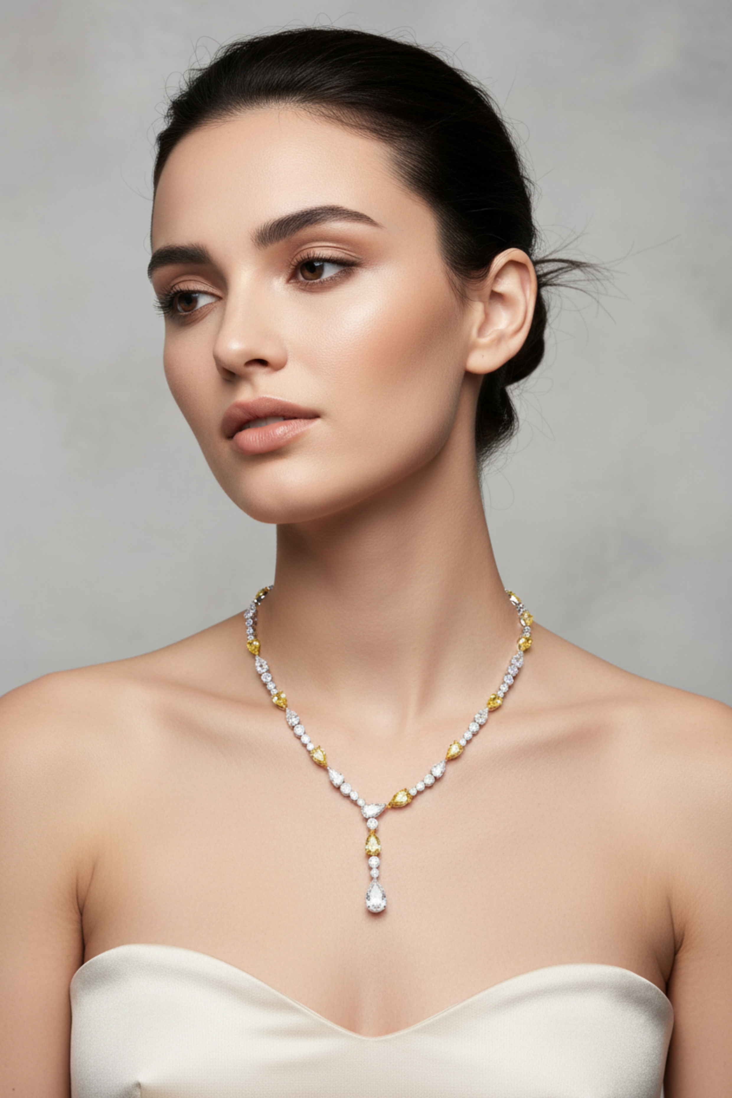 14K White Gold Lab Grown Yellow Diamond Cushion Cut Drop Necklace, IGI Certified La Maison Val D'or