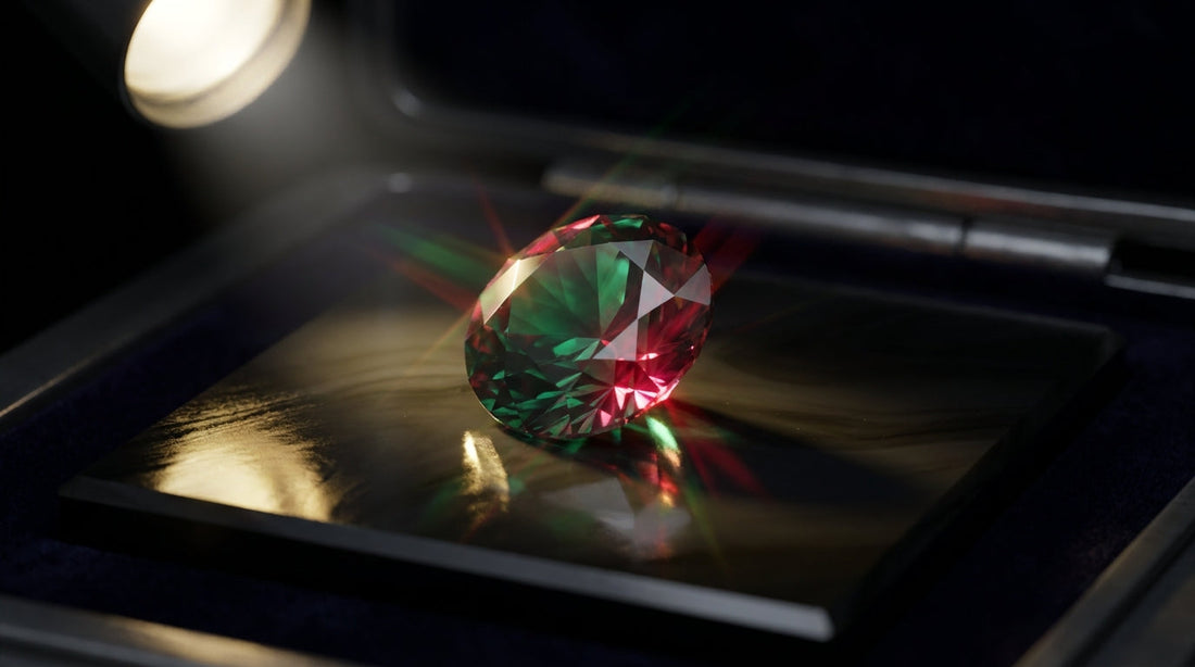 A rare alexandrite gemstone displaying its signature color-change from green to red under dramatic spotlight lighting on a dark obsidian surface.