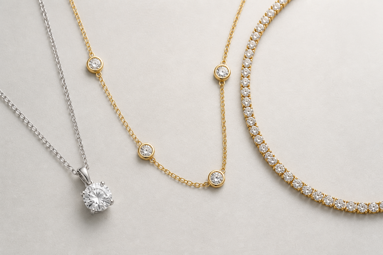 Three diamond necklaces for everyday wear: a solitaire pendant, a bezel-set necklace, and a light tennis necklace on a neutral background.