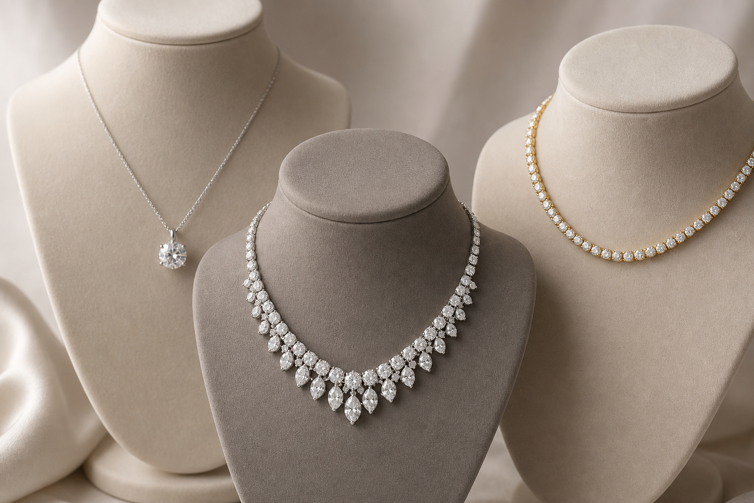 Three women's diamond necklaces including a pendant, tennis necklace, and statement necklace displayed on neutral bust forms