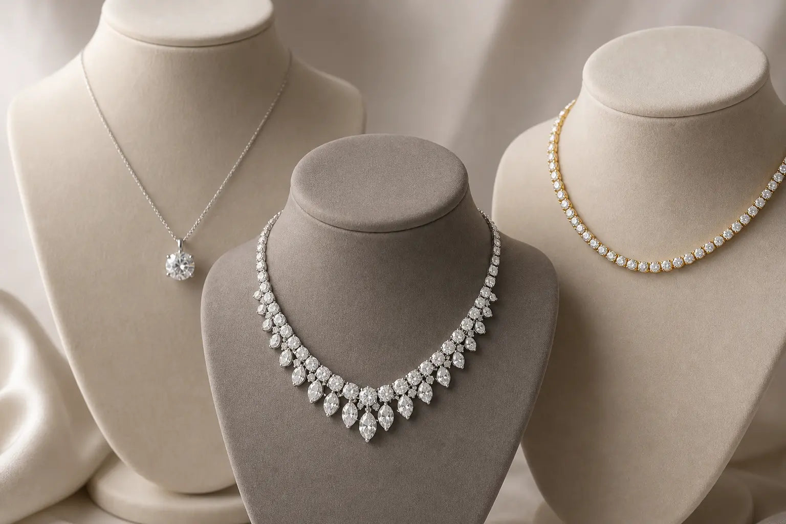 Three women's diamond necklaces including a pendant, tennis necklace, and statement necklace displayed on neutral bust forms