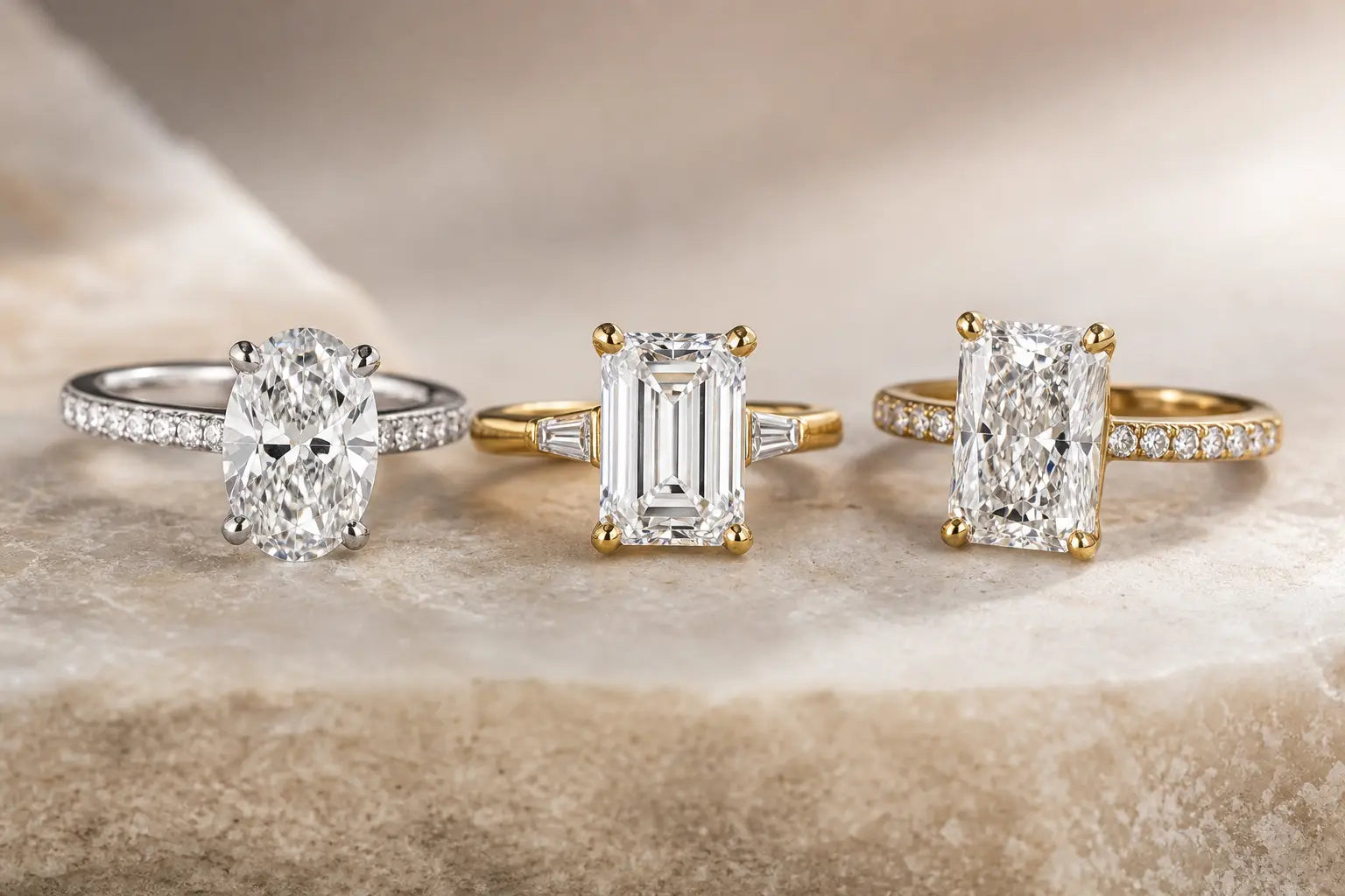 Three engagement rings with oval, emerald, and radiant center stones on a neutral surface