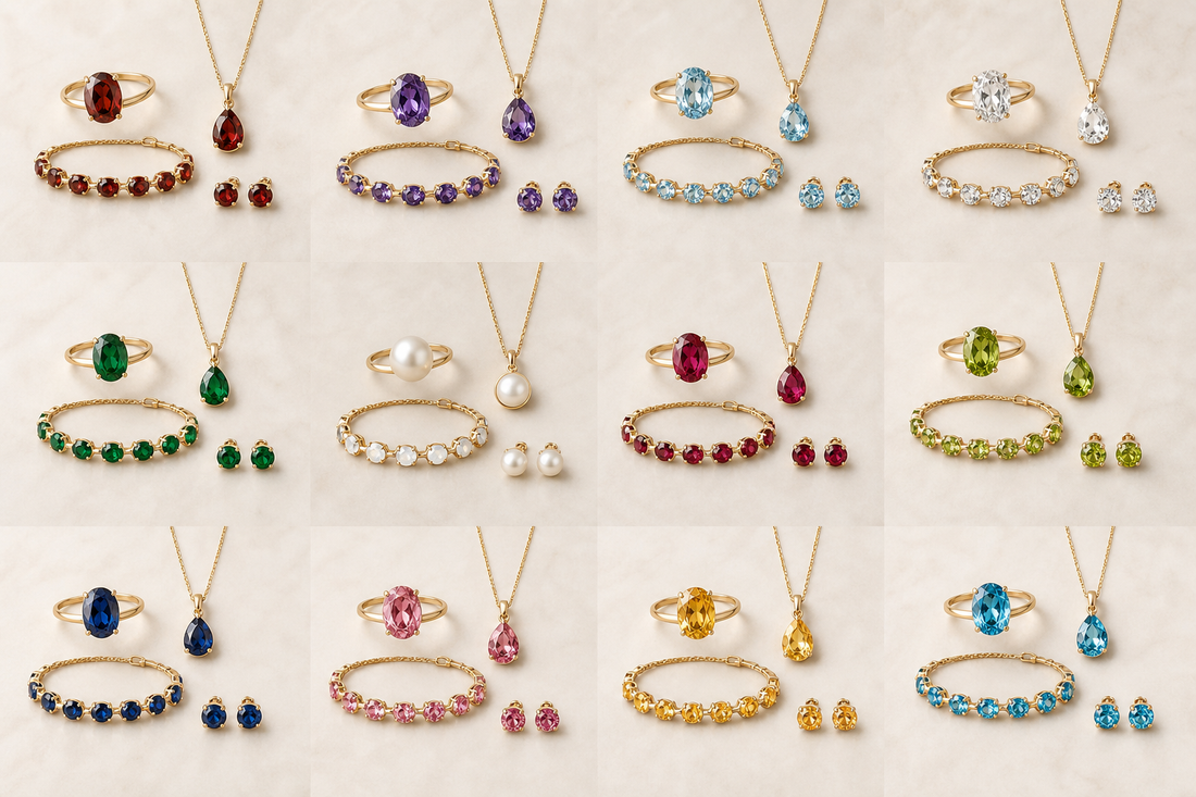 Gemstone jewelry gifts arranged by birth month on a neutral background