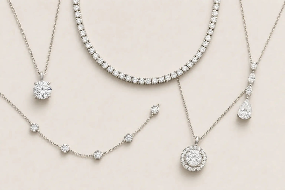 Five lab diamond necklace styles on a light background: solitaire pendant, tennis necklace, station necklace, halo pendant, and drop necklace.