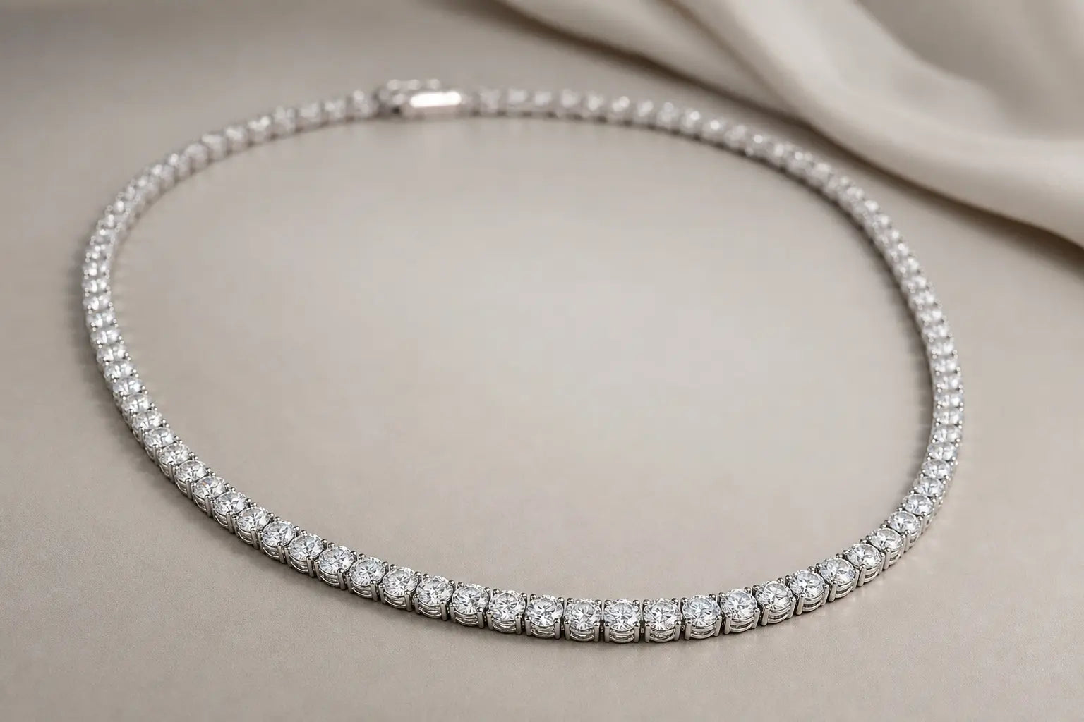 Women's diamond tennis necklace photographed on a neutral background