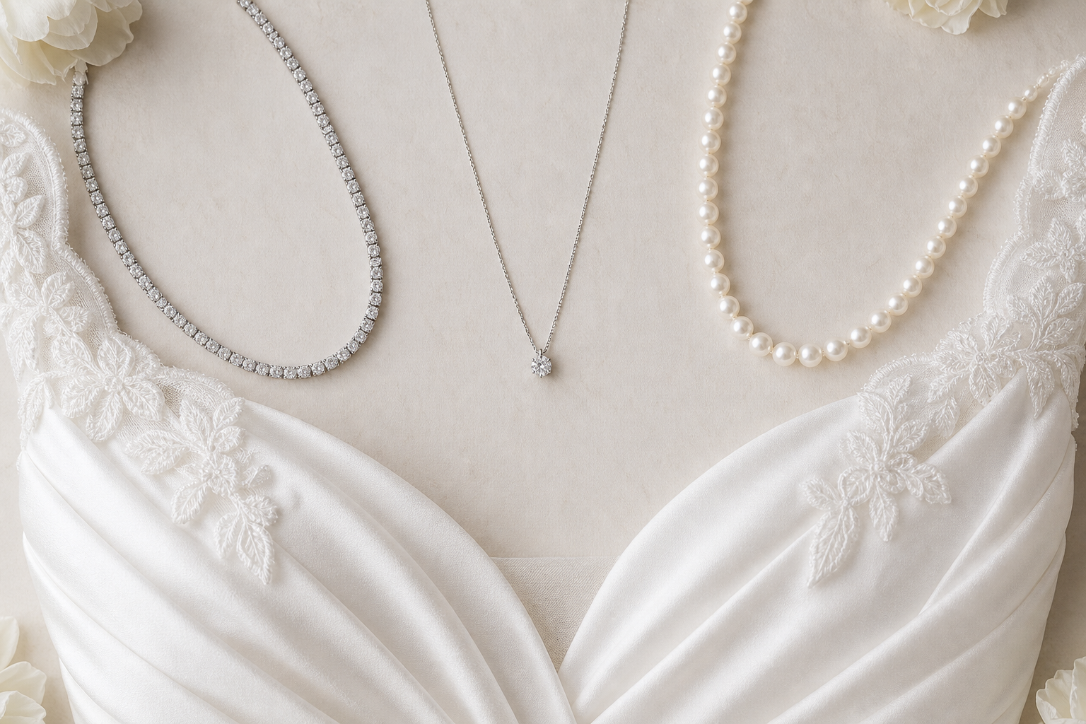 Wedding dress neckline styled with a diamond tennis necklace, pendant necklace, and pearl necklace
