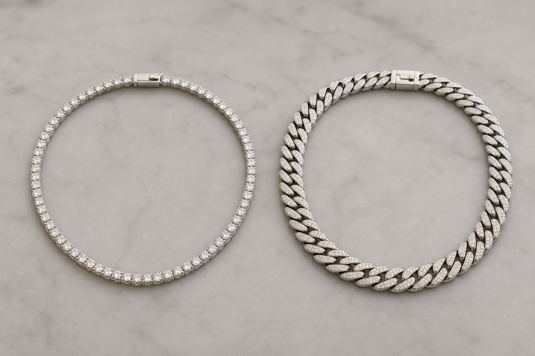 Diamond tennis necklace and Cuban link chain displayed side by side on a neutral surface
