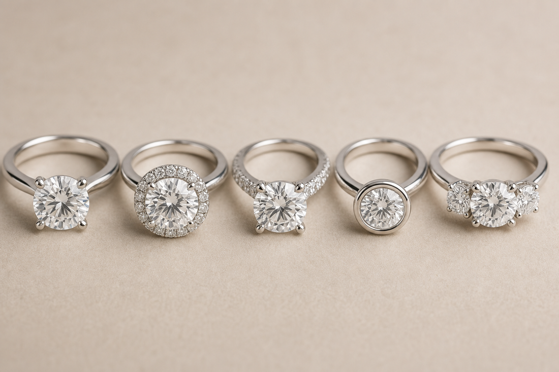 Five engagement rings showing solitaire, halo, pave, bezel, and three-stone settings on a neutral surface