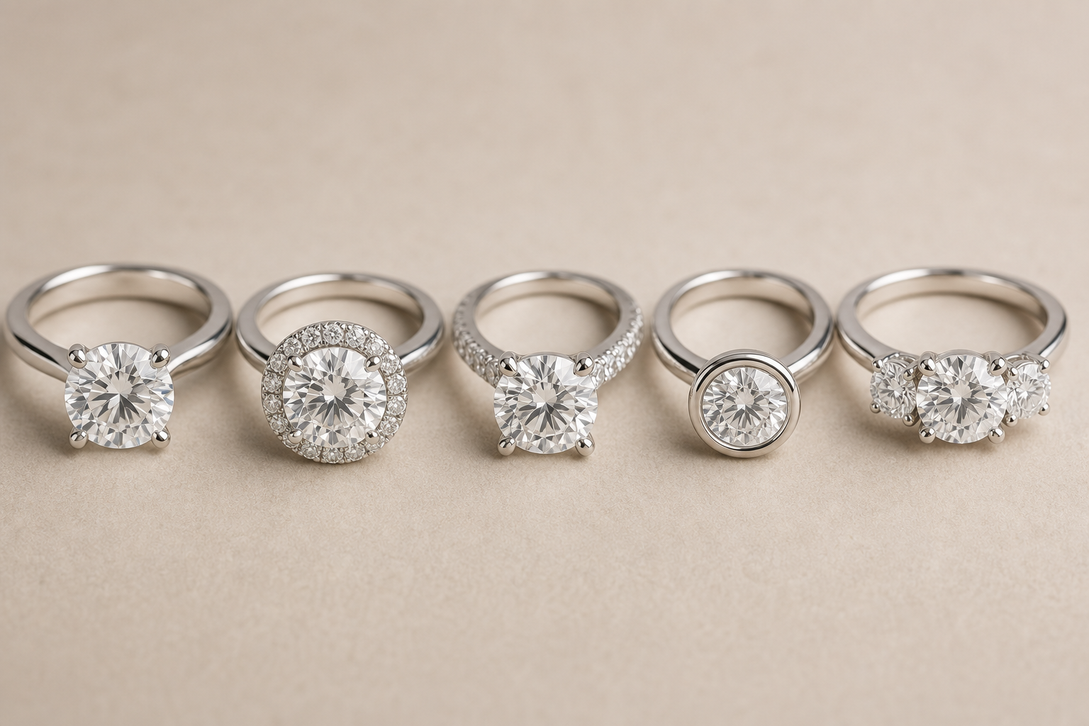Five engagement rings showing solitaire, halo, pave, bezel, and three-stone settings on a neutral surface