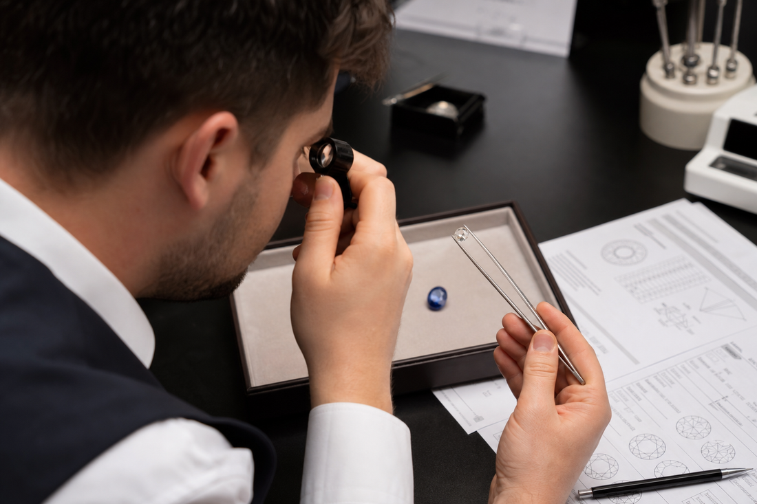 Gemologist examining a loose diamond and a colored gemstone next to grading documents on a jewelry desk