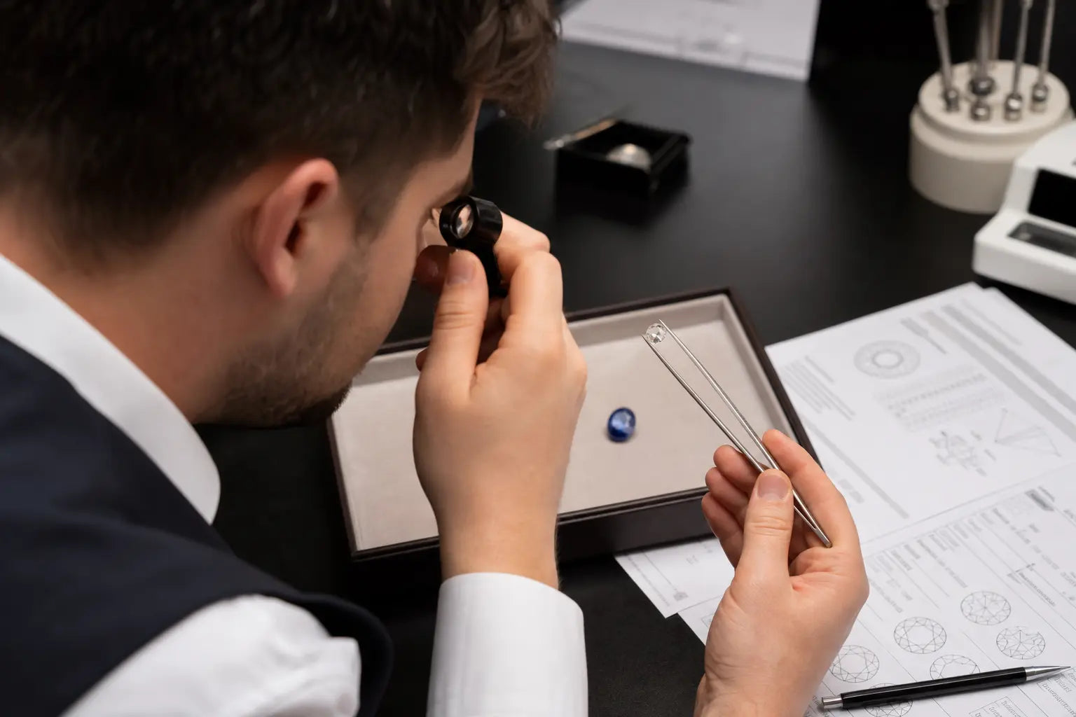 Gemologist examining a loose diamond and a colored gemstone next to grading documents on a jewelry desk