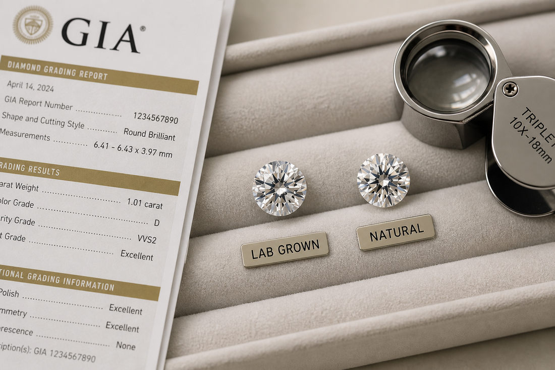 Two loose diamonds beside a grading report and jeweler loupe on a neutral surface