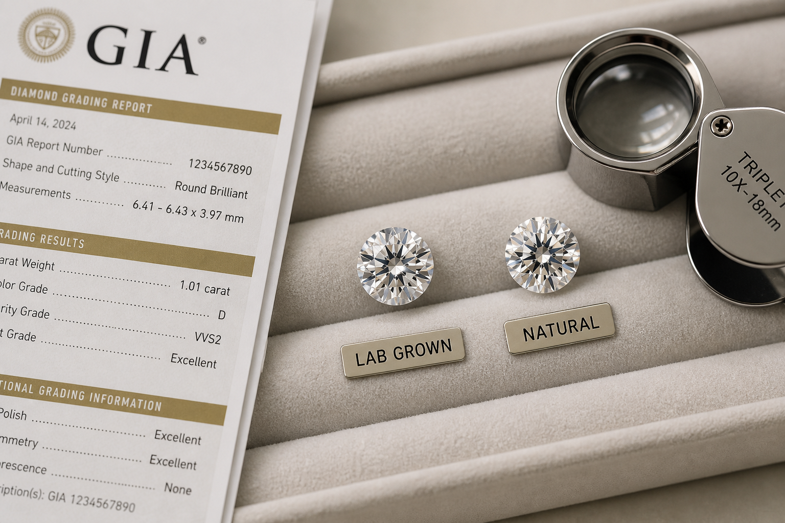 Two loose diamonds beside a grading report and jeweler loupe on a neutral surface