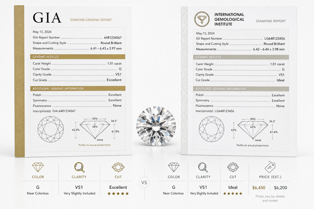 Two diamond grading reports labeled GIA and IGI placed beside a loose diamond on a white background.