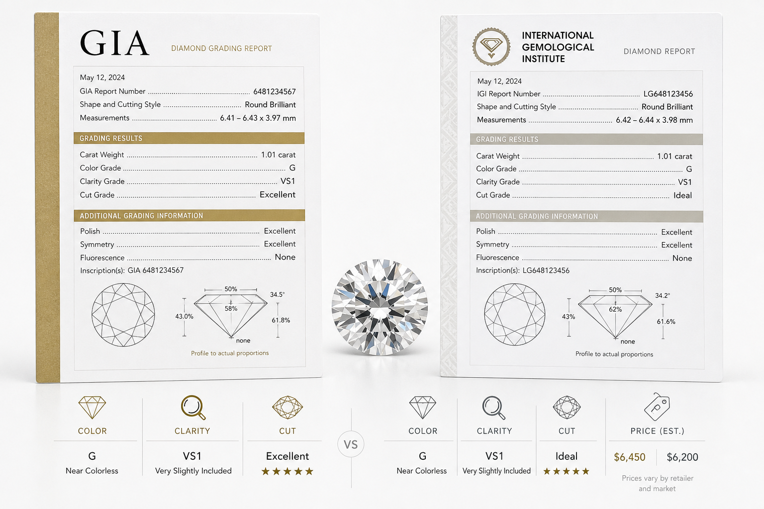 Two diamond grading reports labeled GIA and IGI placed beside a loose diamond on a white background.