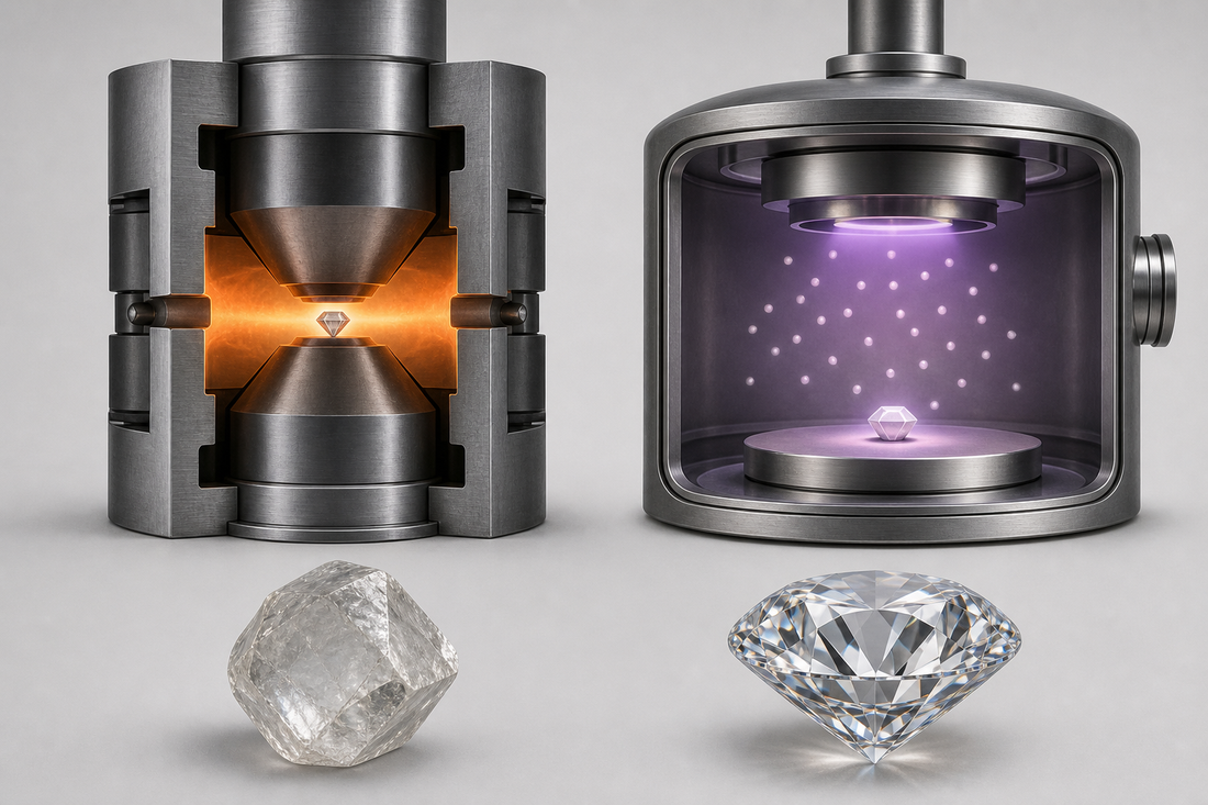 Illustration of HPHT and CVD lab grown diamond manufacturing with rough and polished diamonds.