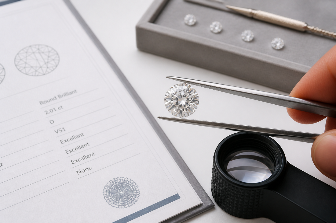 A lab grown diamond next to a grading report on a clean white surface.
