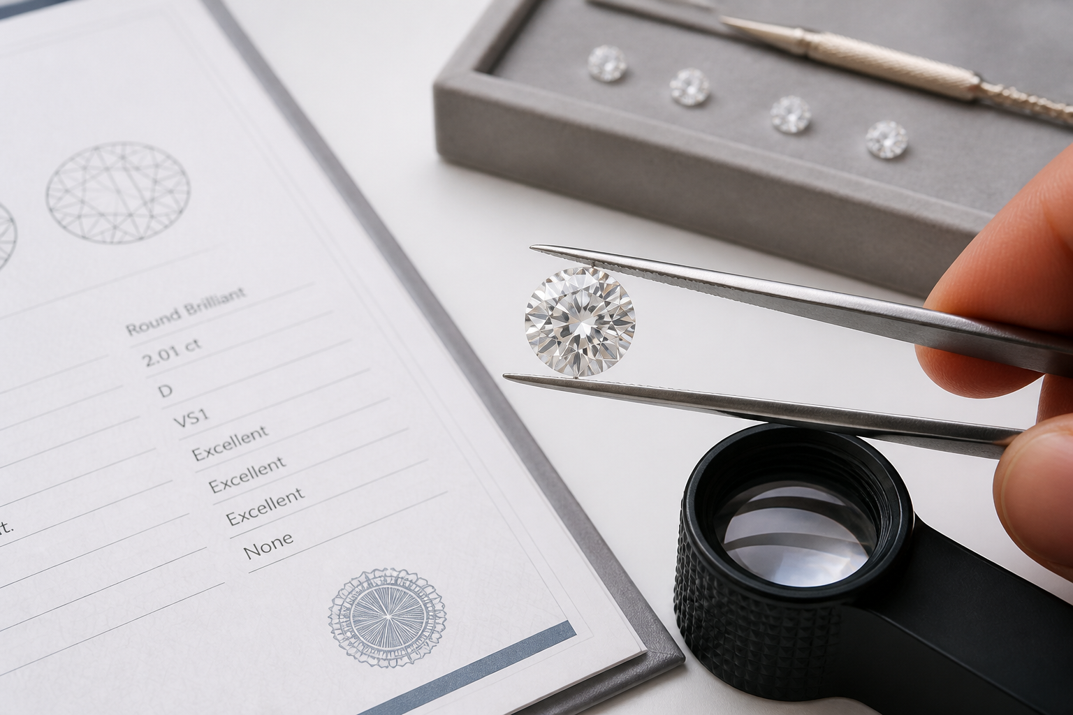 A lab grown diamond next to a grading report on a clean white surface.