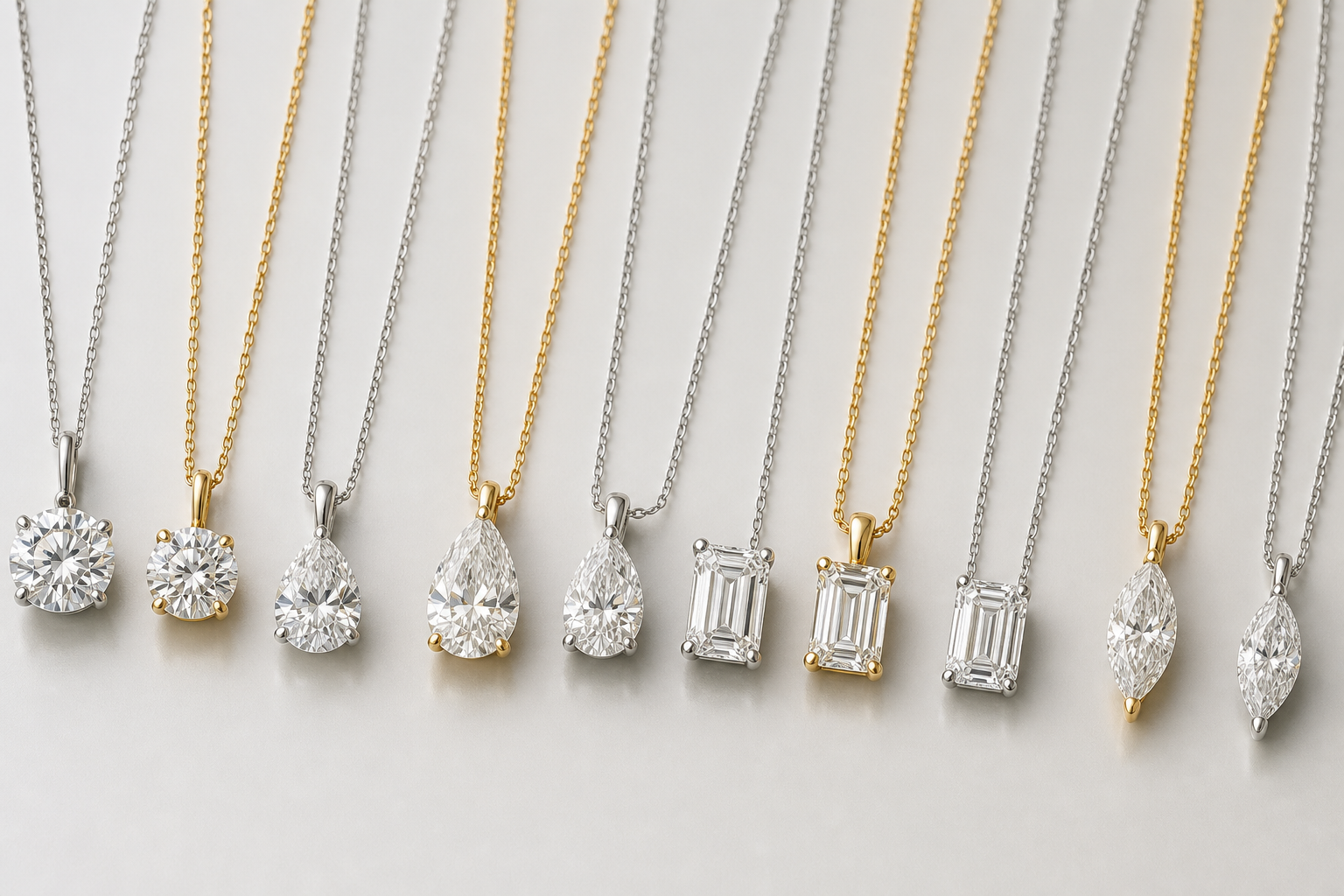 Several diamond necklaces in different cuts and metal colors arranged on a neutral surface