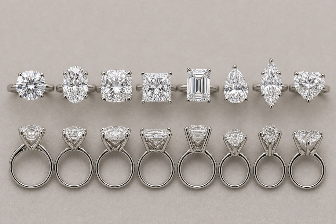 Several engagement ring diamond shapes displayed side by side, including round, oval, cushion, princess, emerald, pear, marquise, and heart.