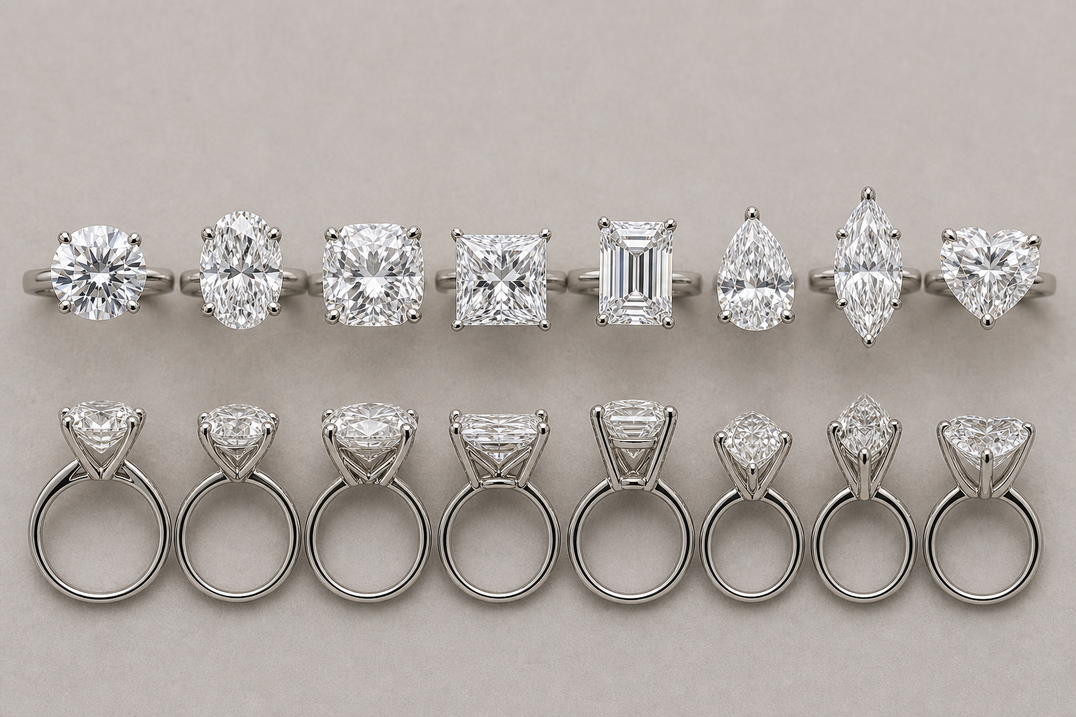 Several engagement ring diamond shapes displayed side by side, including round, oval, cushion, princess, emerald, pear, marquise, and heart.