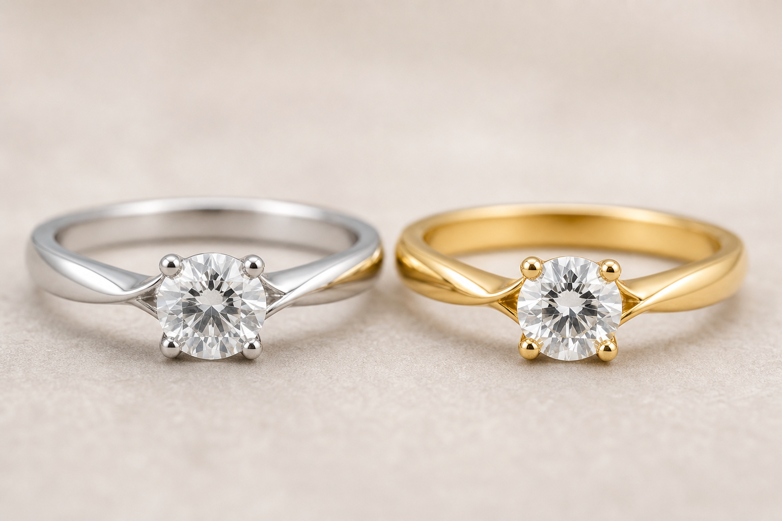 Two diamond engagement rings side by side, one in platinum and one in gold