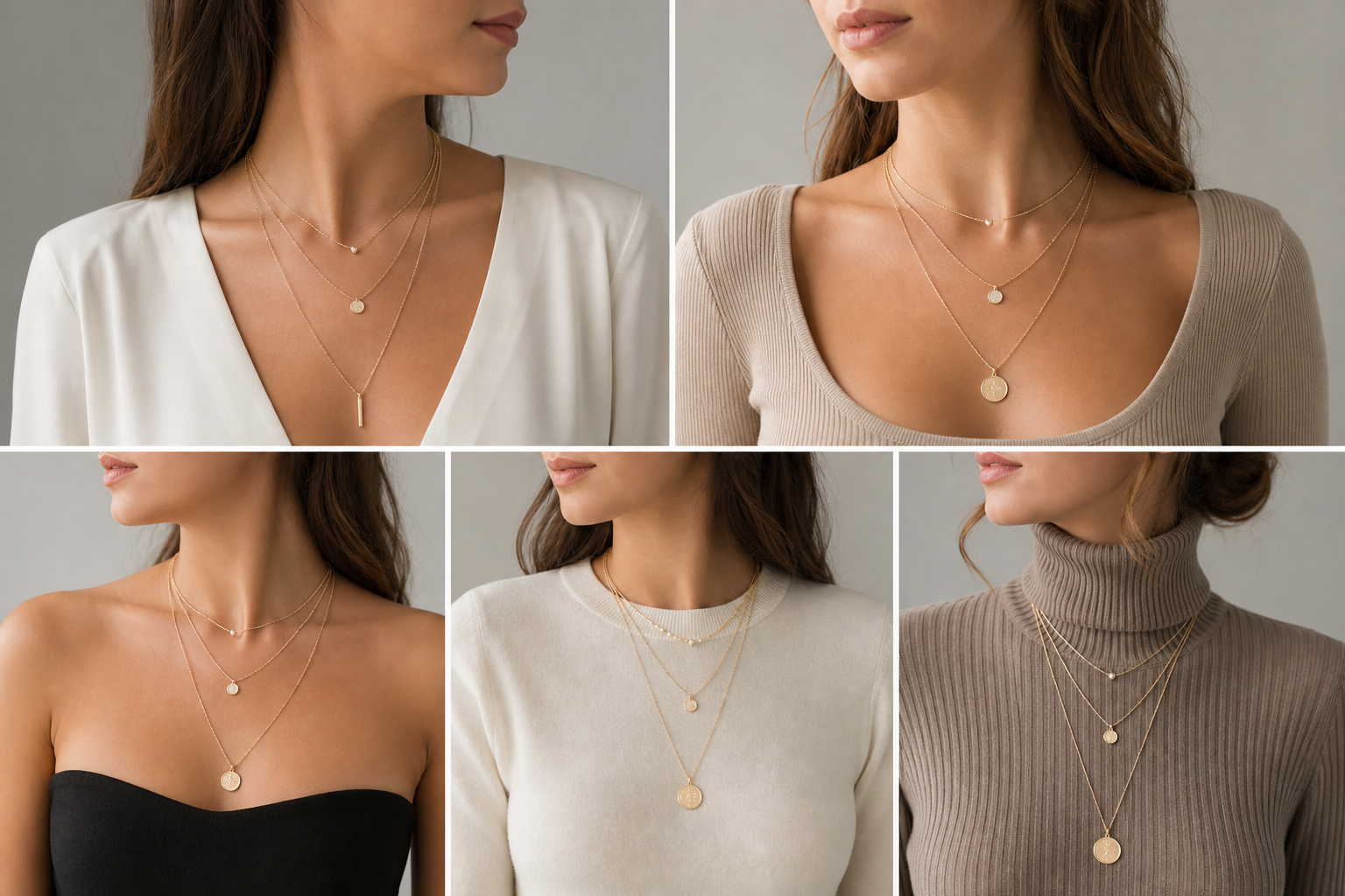 Different necklace lengths styled with several neckline types