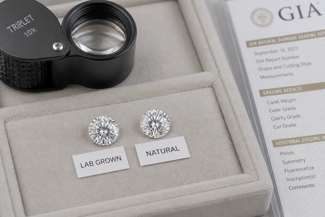 Two loose diamonds beside a loupe and grading paperwork on a neutral surface
