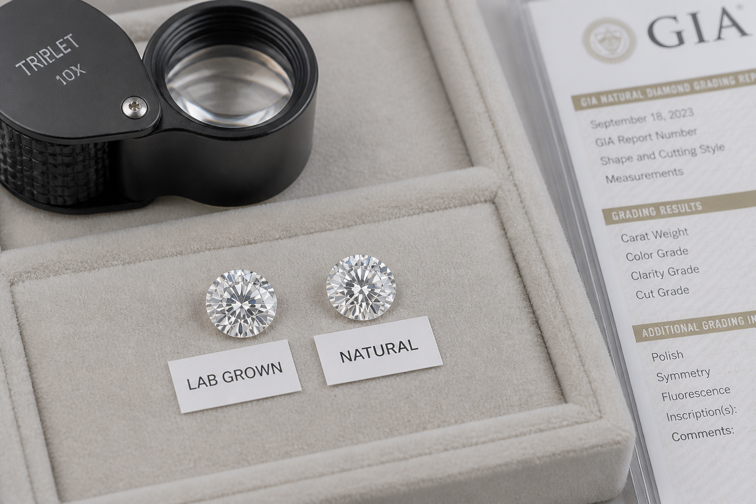 Two loose diamonds beside a loupe and grading paperwork on a neutral surface
