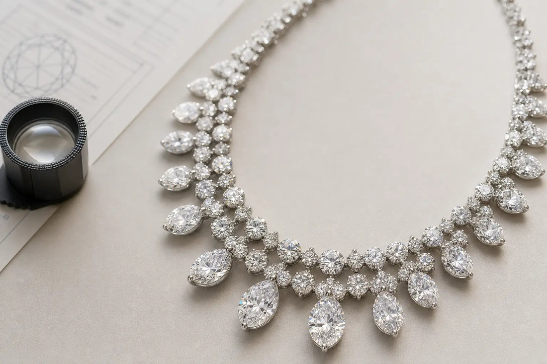 Diamond necklace next to a jeweler's loupe and grading document on a neutral surface