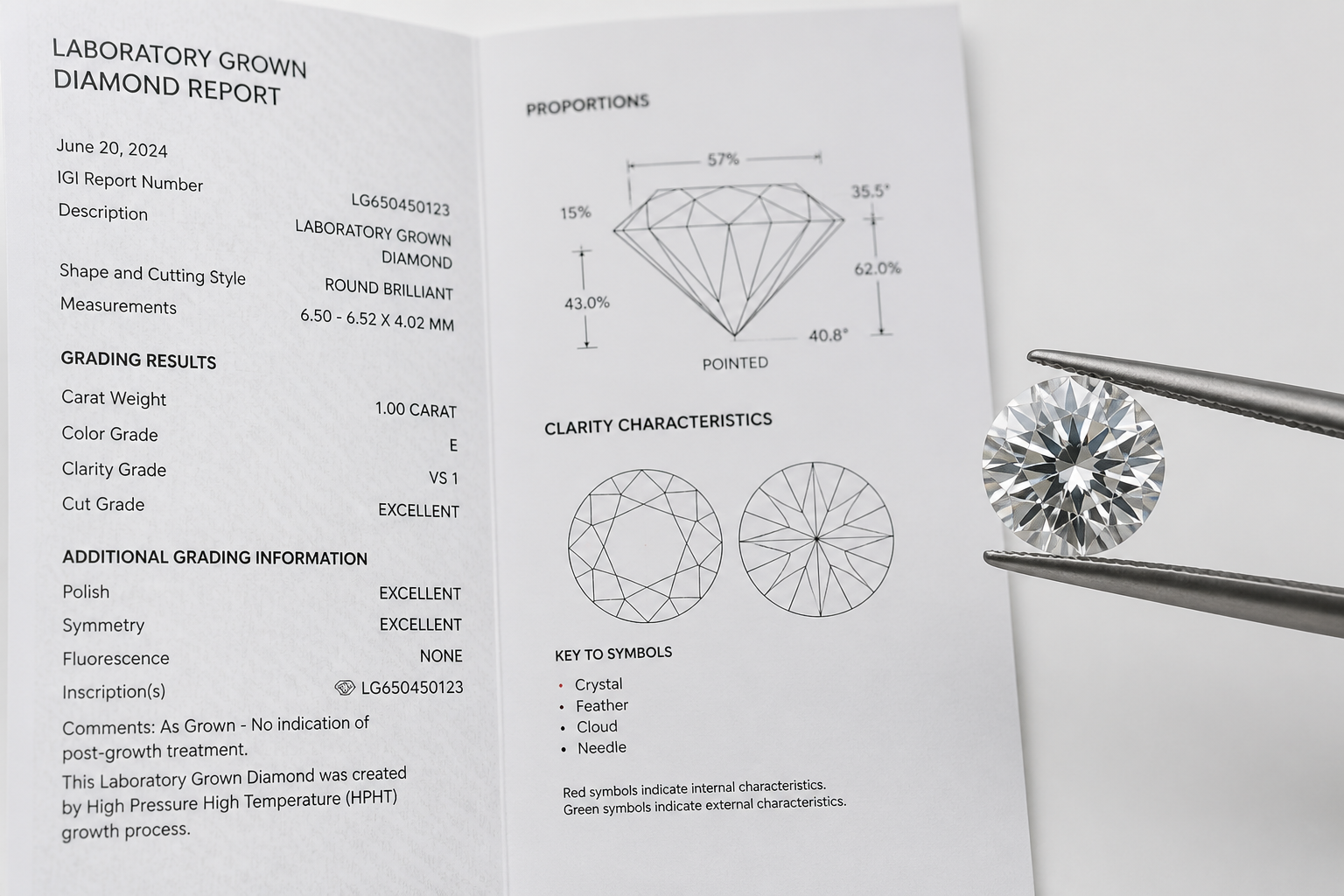 Lab grown diamond next to an IGI grading report on a white surface.