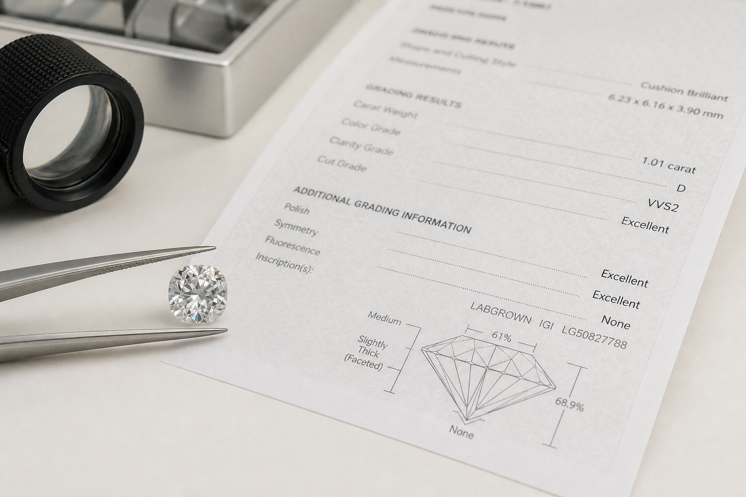 Loose lab grown diamond next to a grading certificate on a clean desk