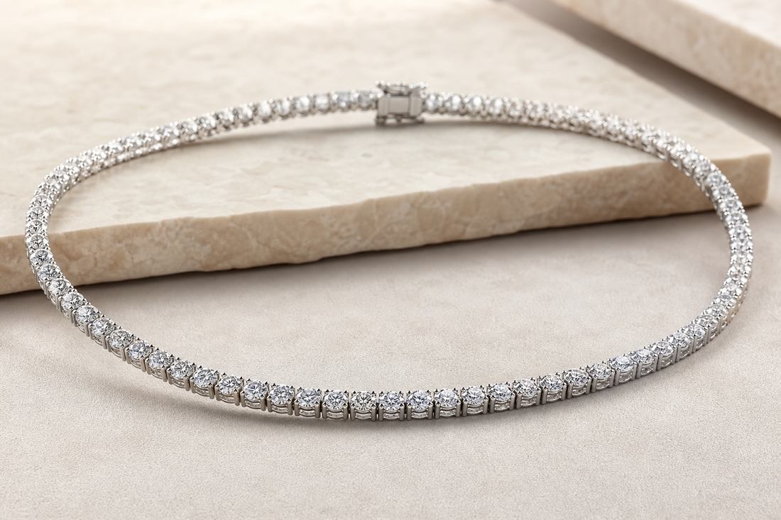Lab grown diamond tennis necklace displayed on a neutral background