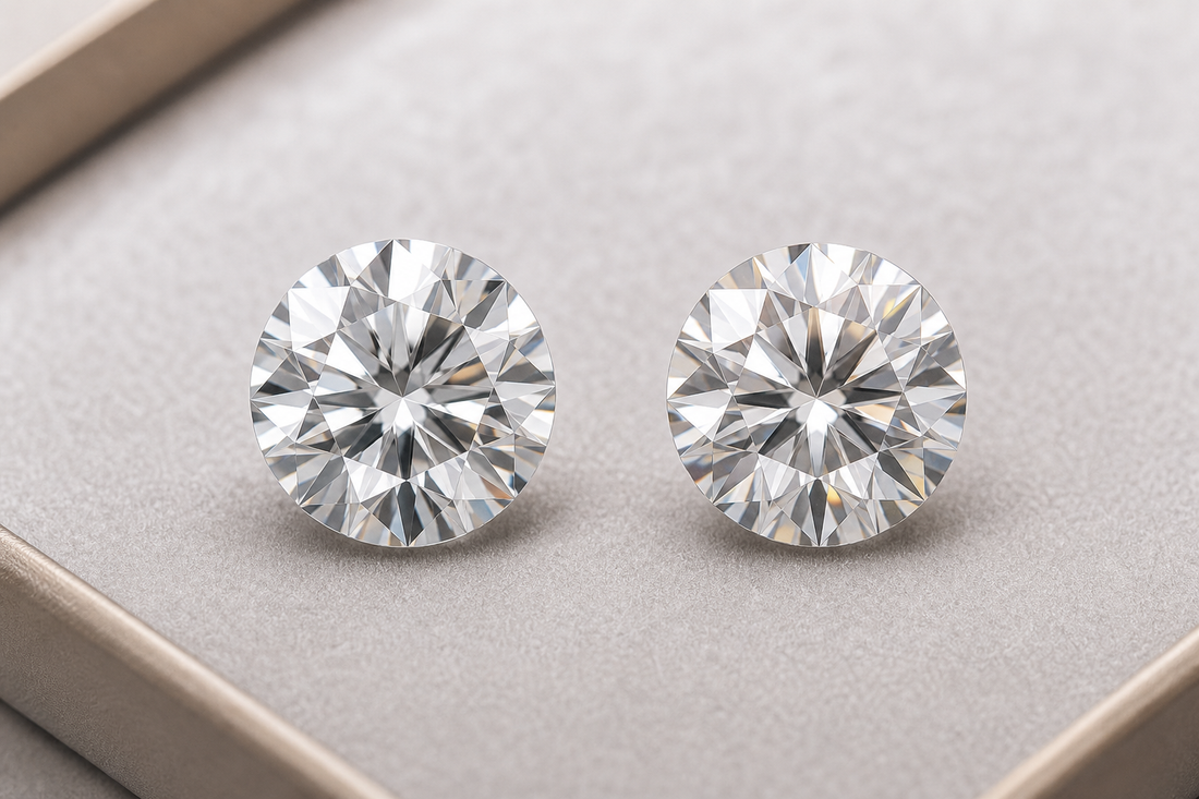 Two loose diamonds displayed side by side on a neutral surface