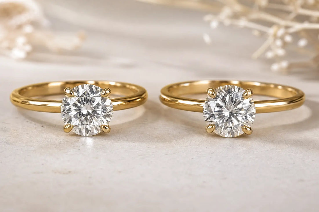 Two engagement rings with solitaire diamonds displayed side by side on a neutral surface