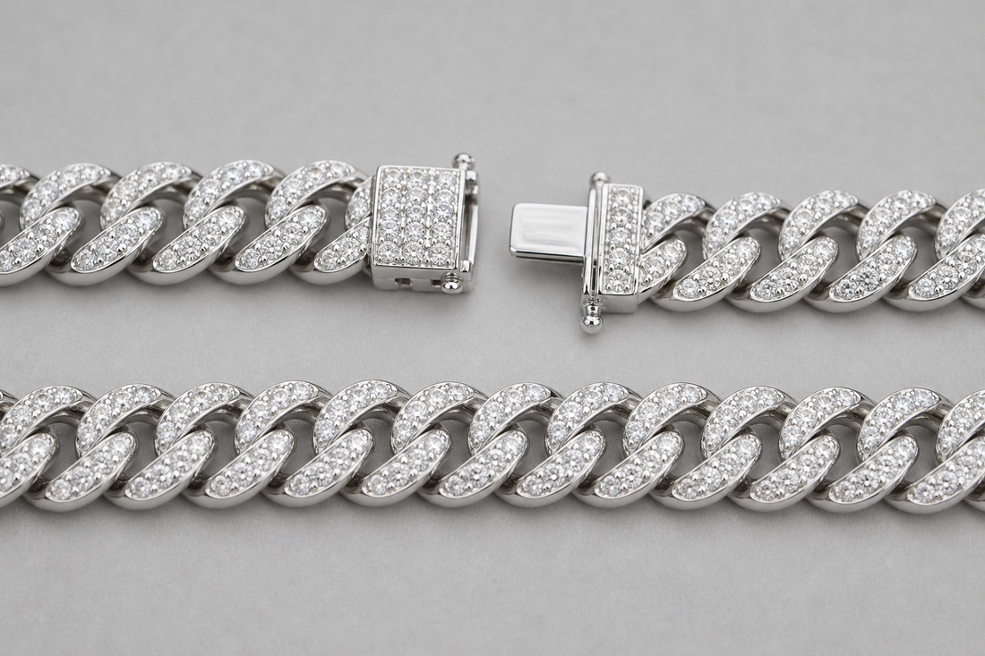 Close-up of a diamond Cuban link chain with interlocking links and hand-set stones