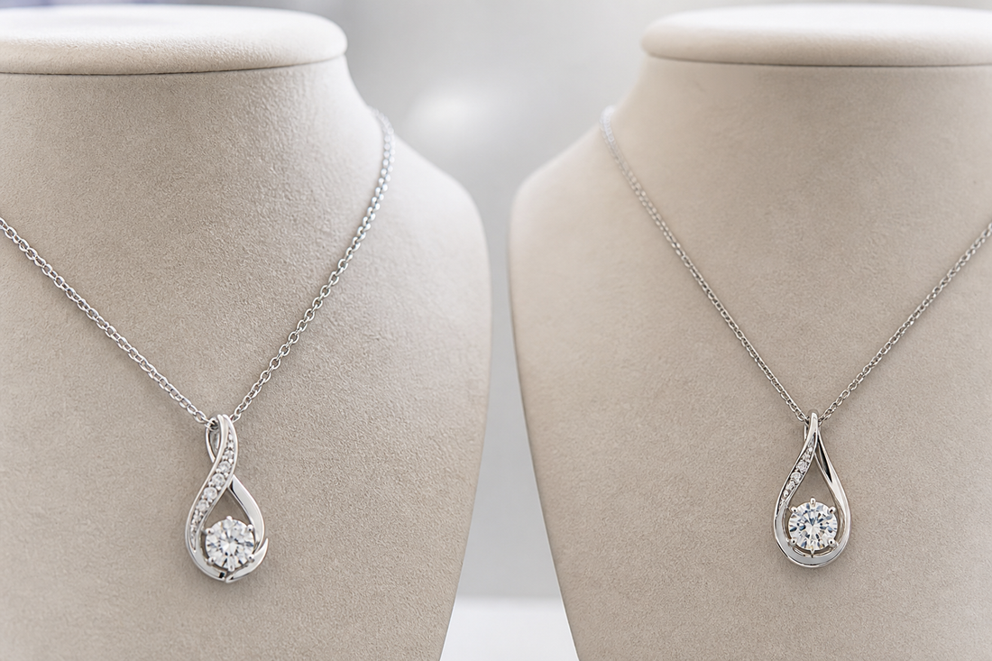 Two necklaces displayed side by side, one sterling silver and one white gold