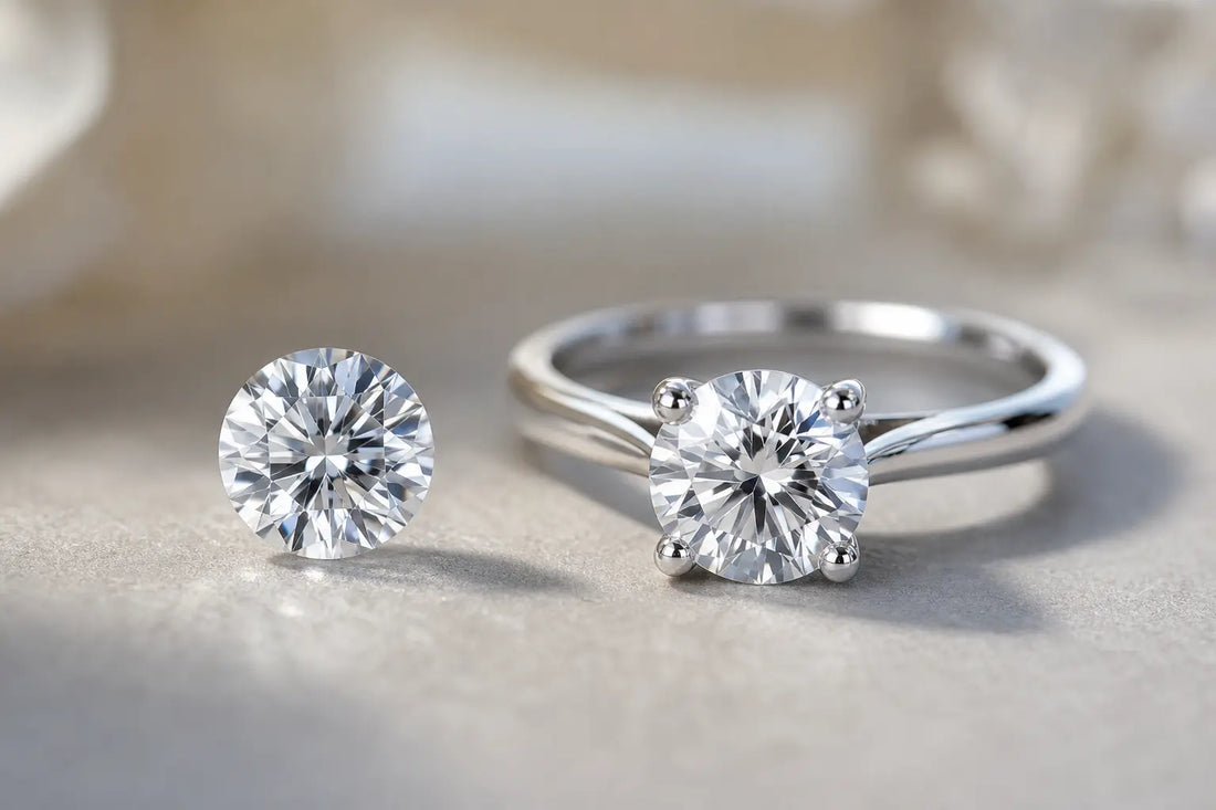 Loose diamond beside a diamond ring on a neutral surface