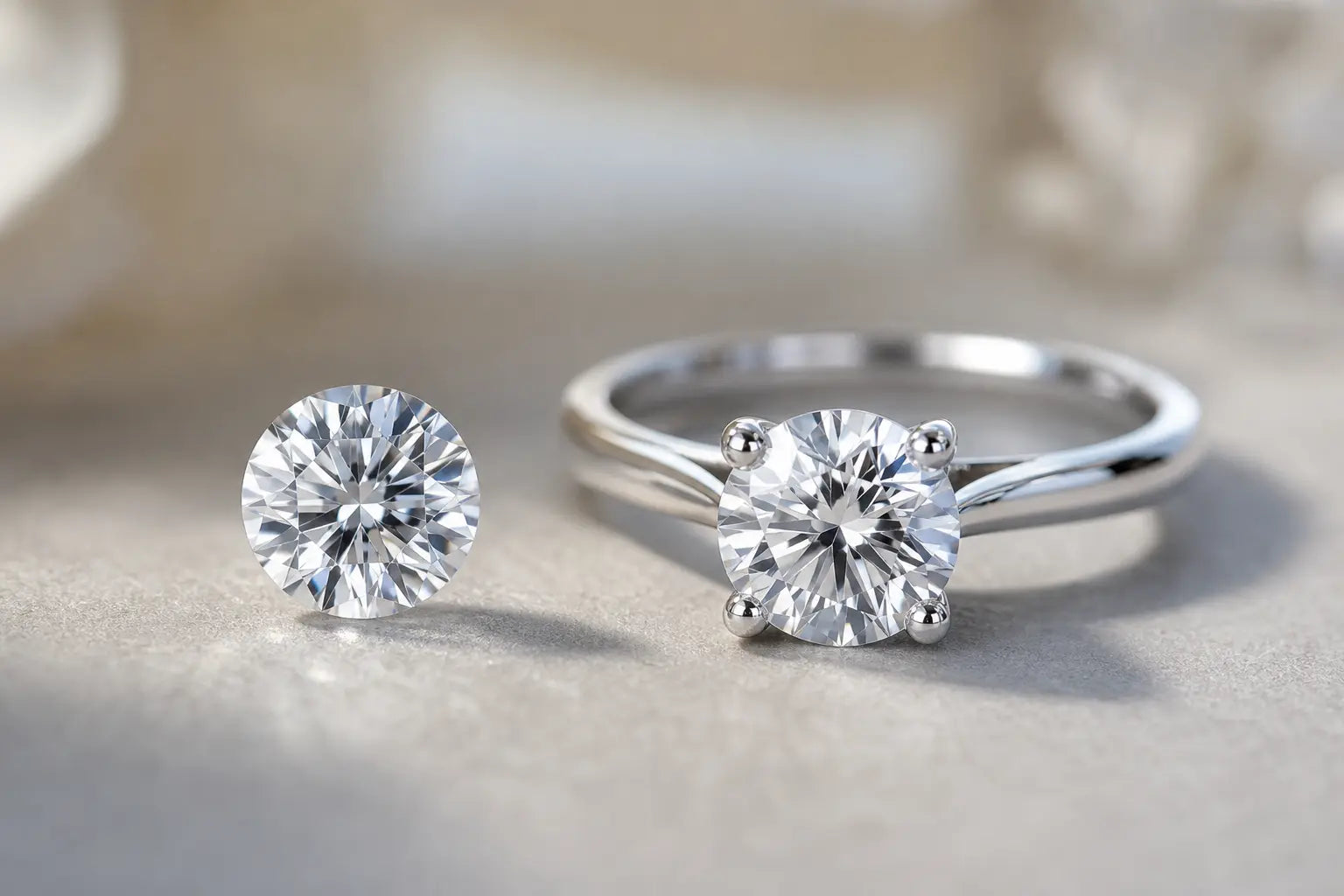 Loose diamond beside a diamond ring on a neutral surface