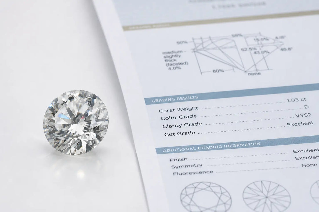 Loose diamond next to a diamond grading report on a white surface