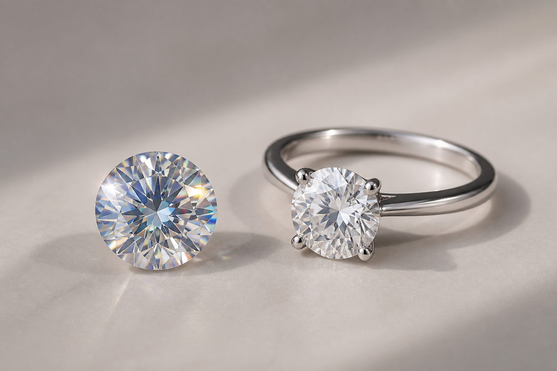 Moissanite gemstone and jewelry pieces on a neutral background under studio lighting.
