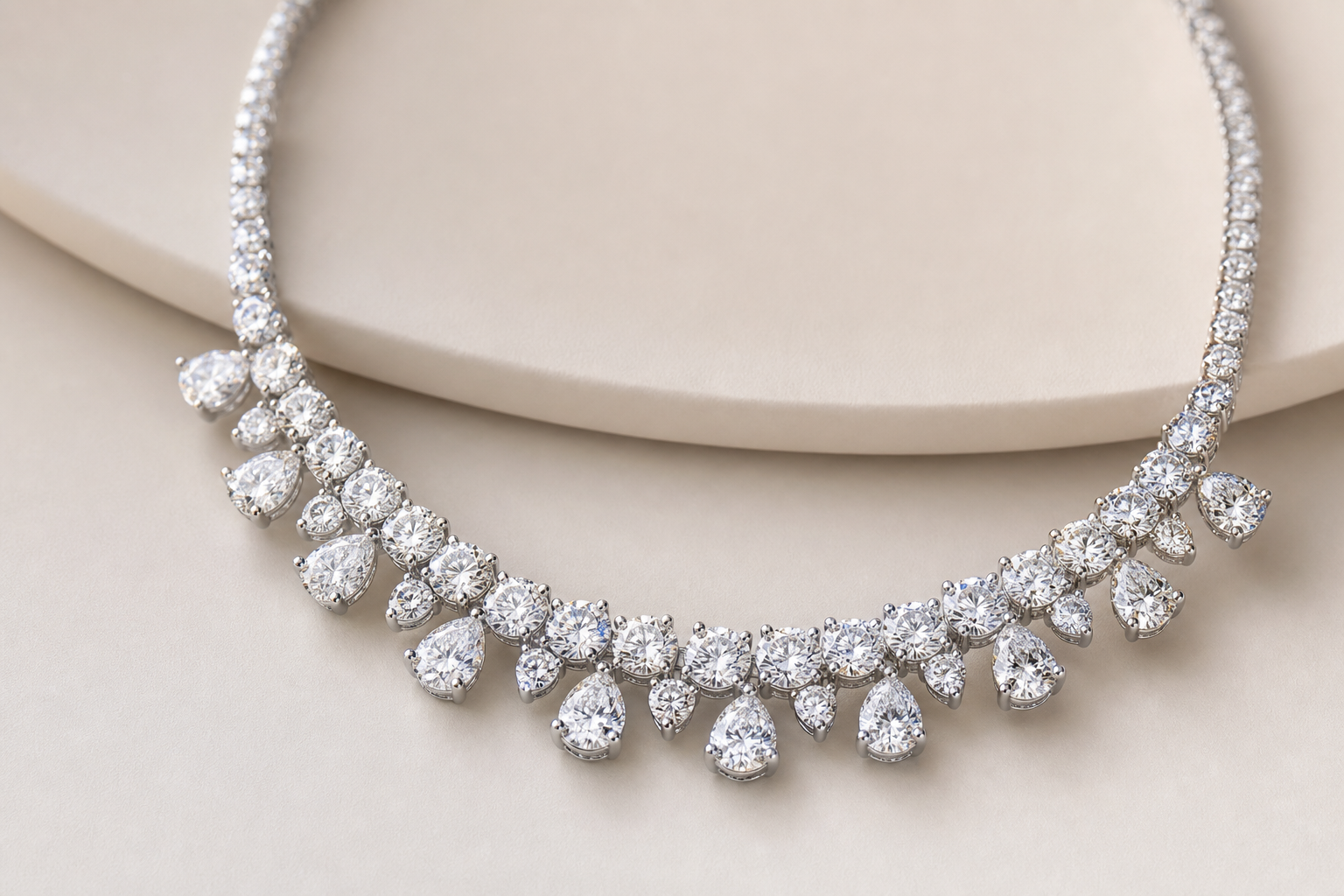 Diamond necklace in a white gold setting on a neutral background