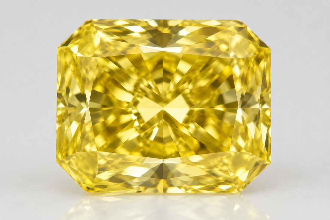 Close-up of a yellow lab grown diamond showing strong yellow color and faceting.