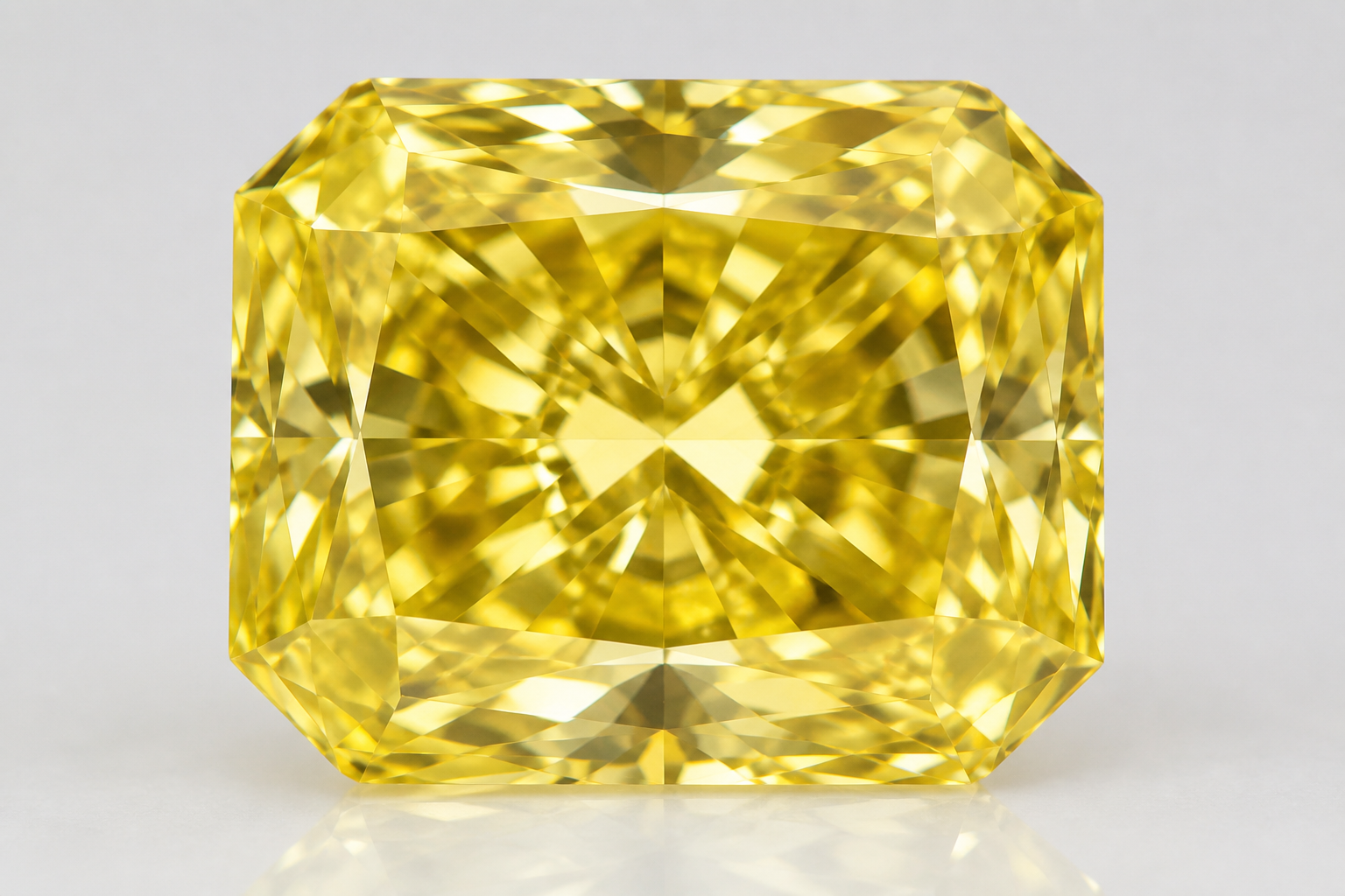 Close-up of a yellow lab grown diamond showing strong yellow color and faceting.