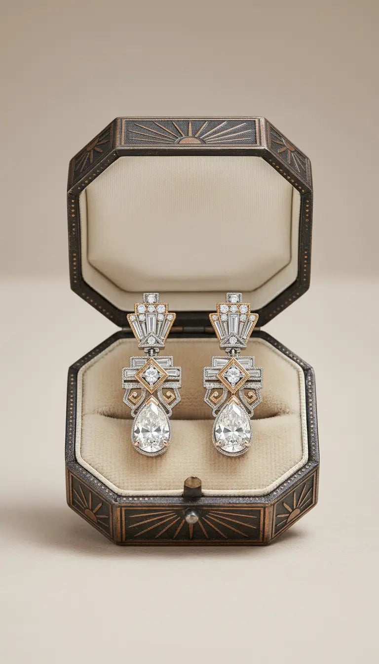 Art Deco diamond drop earrings in velvet ivory case La Maison Val D'or