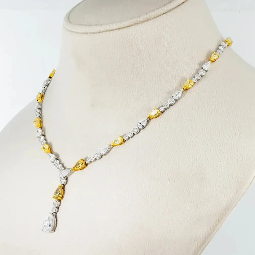 14K White Gold Lab Grown Yellow Diamond Cushion Cut Drop Necklace, IGI Certified La Maison Val D'or