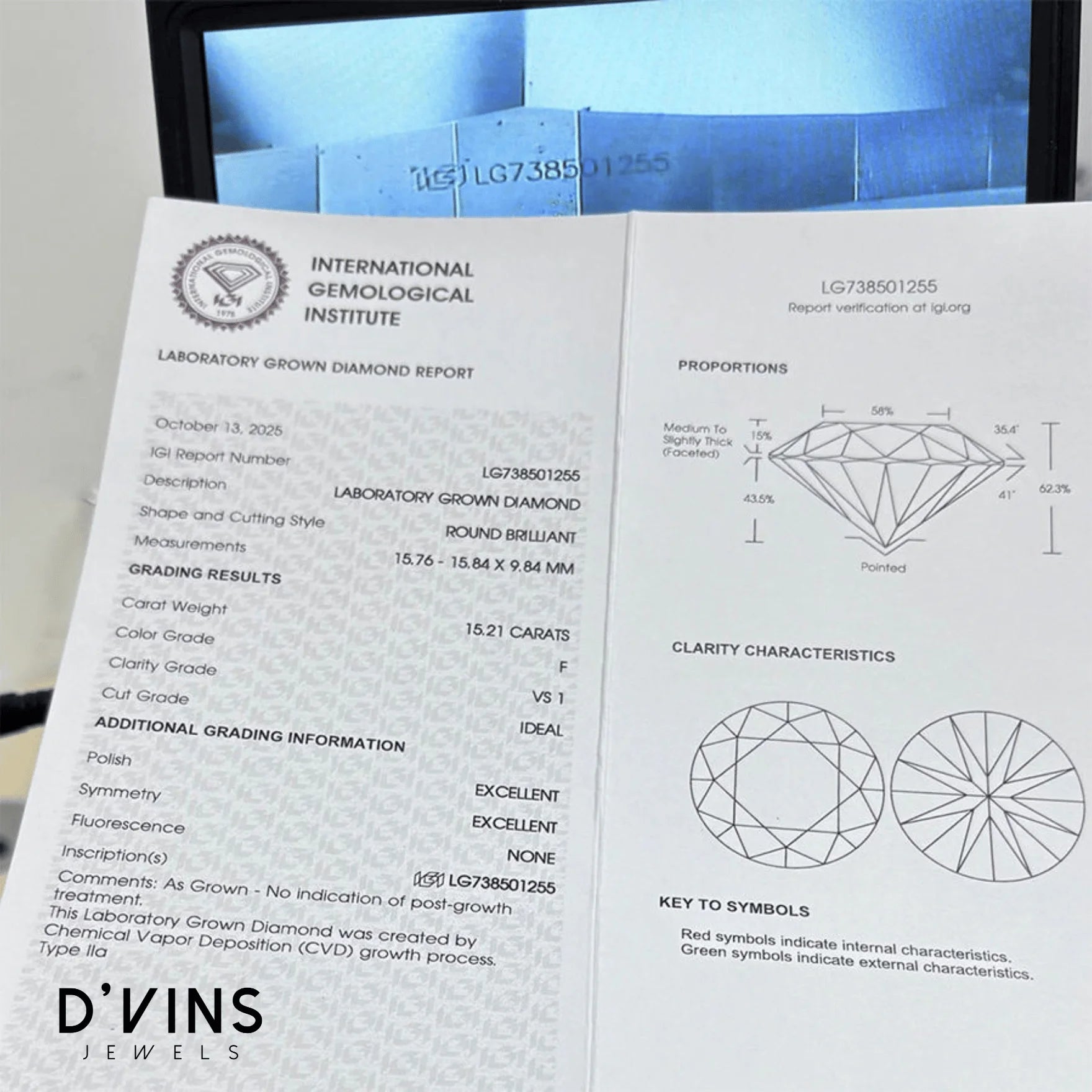 D'vins Jewels Factory Pricebig Carat Loose Diamond 15.21ct F VS1 Round Cut Lab Grown IGI Certified La Maison Val D'or