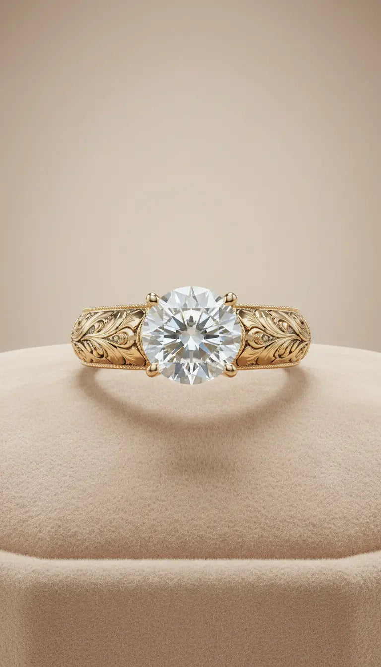 Solitaire diamond ring with engraved band La Maison Val D'or