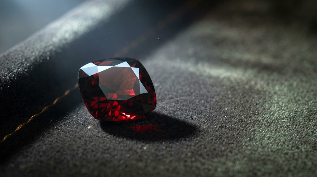 The same alexandrite reading deep red under warm candlelight.